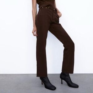 Zara Dark Brown Button Fly High Rise Straight Leg Jean Size‎ 4
